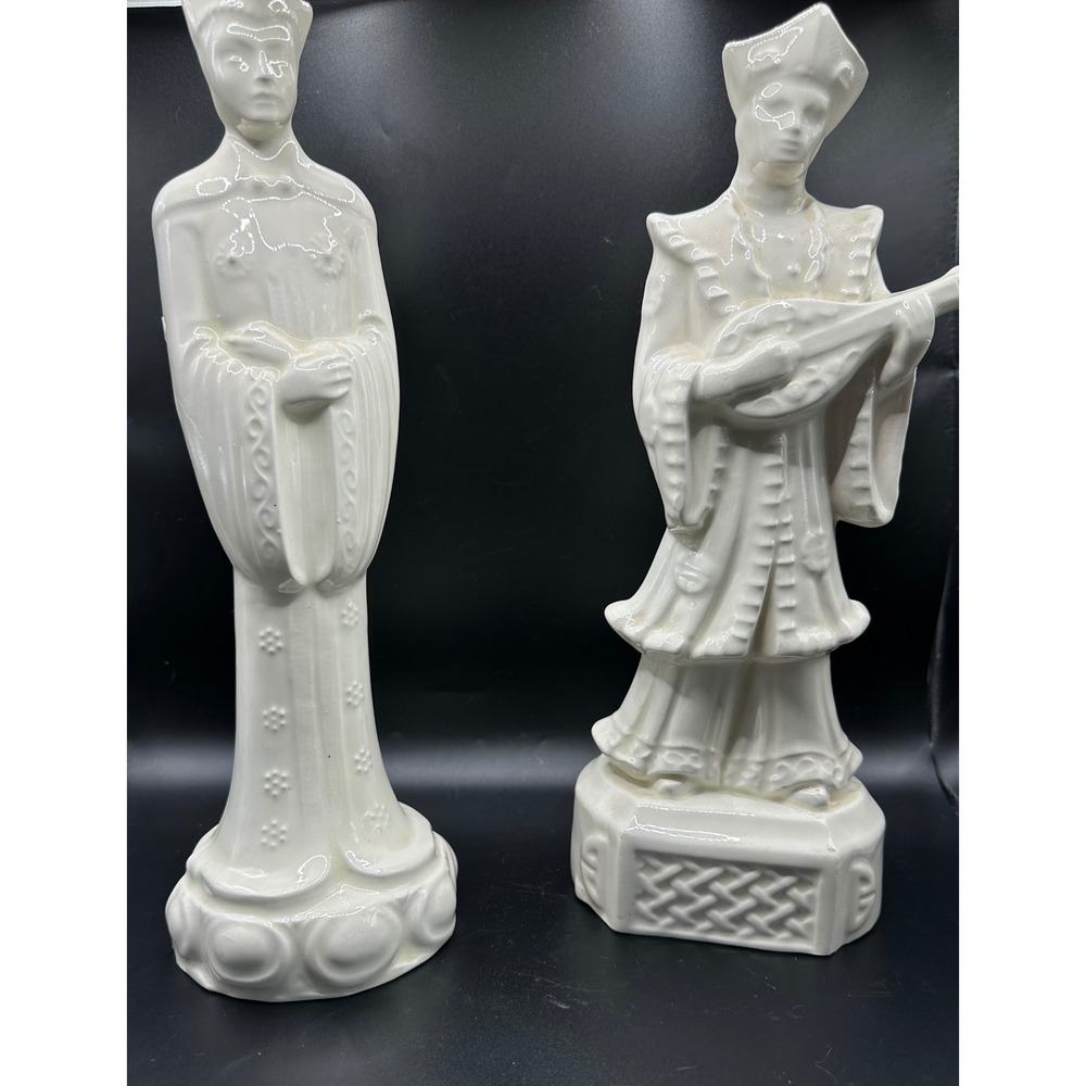 Vintage White Ceramic Chinoiserie Figurines Pair Woman and Musician 13 Inch